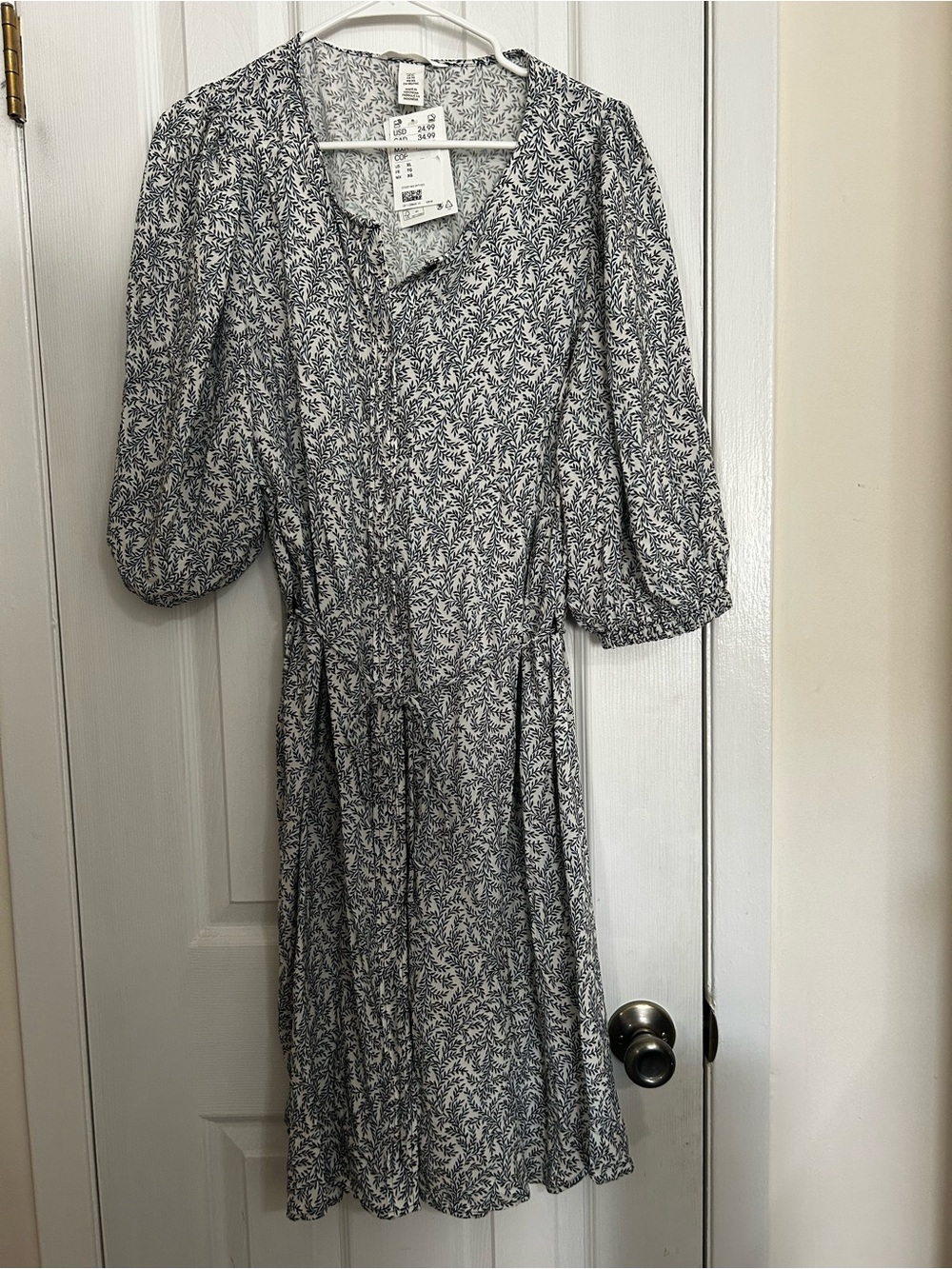 H&M White and Navy Floral Midi Dress with Puff Sleeves
